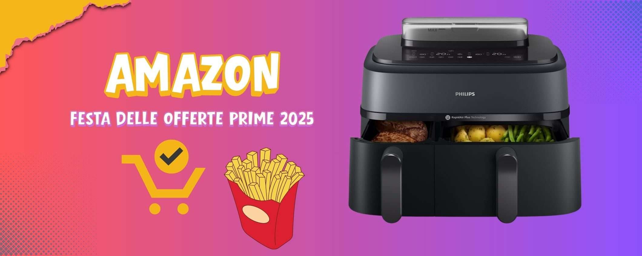Amazon taglia 60€: friggitrice ad aria Philips con DOPPIO CESTELLO e VAPORE super scontata