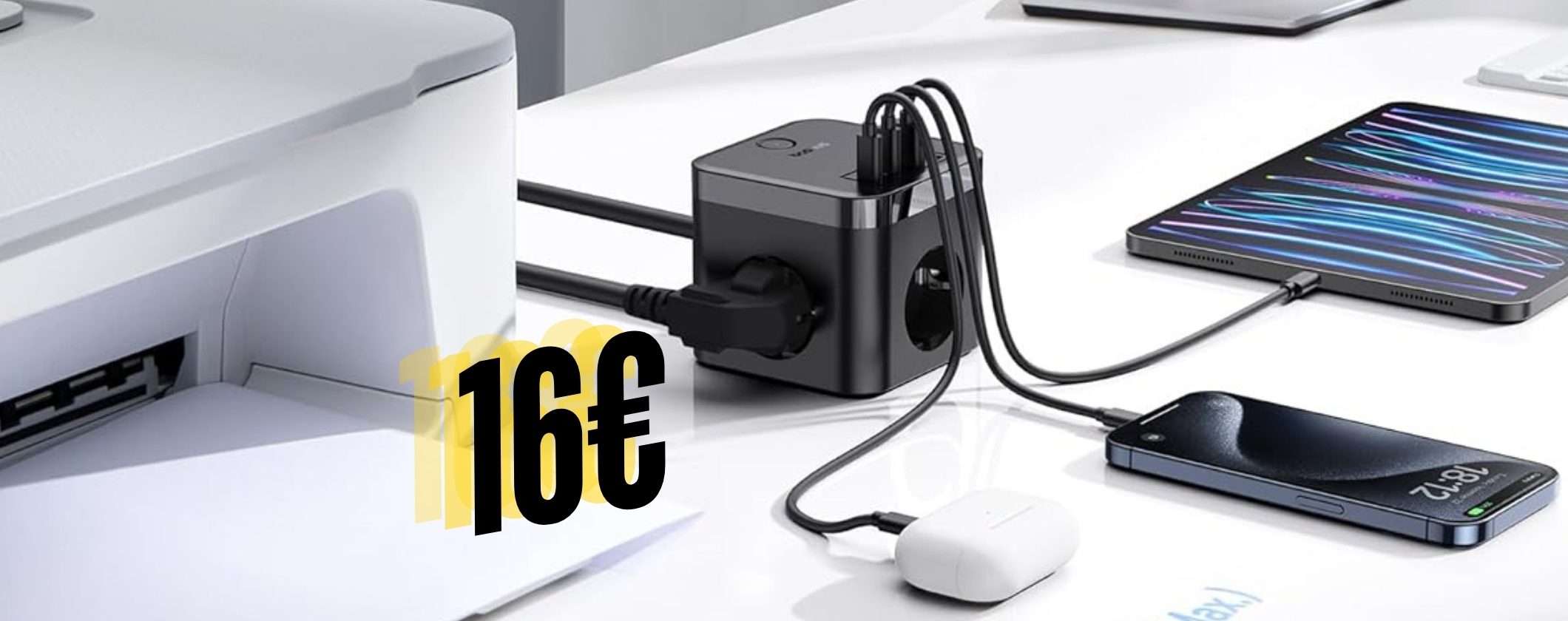Ciabatta multipla a cubo con prese e USB per tenere tutto in ordine (16€)