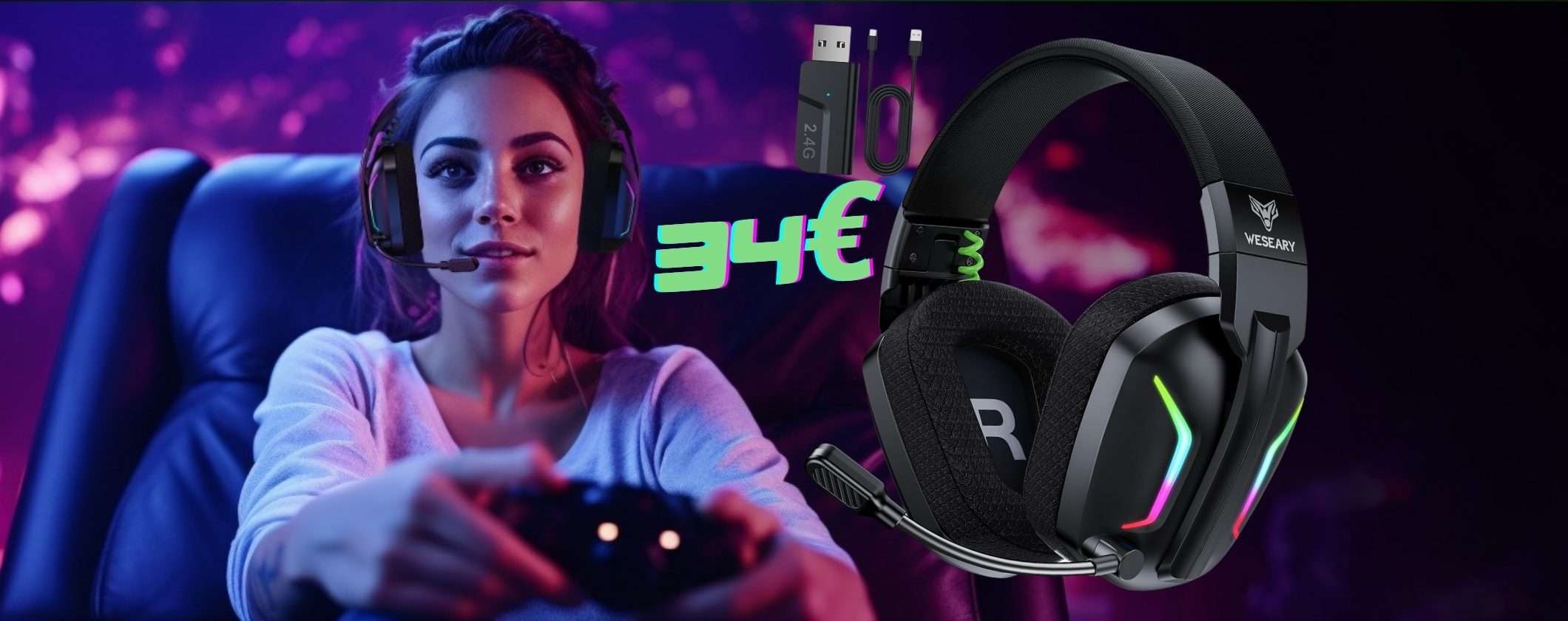 Cuffie wireless da gaming con microfono, comodissime ed economiche (34€)