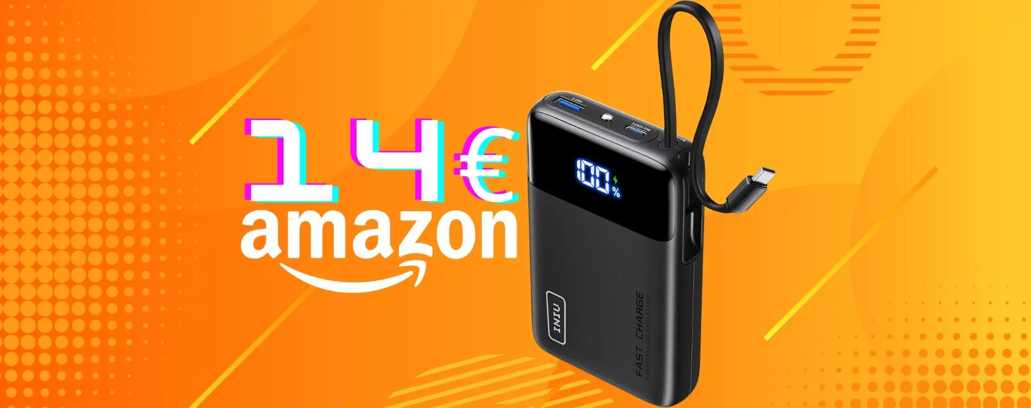 Power Bank da 45W e 20000mAh con cavo integrato e 2 uscite, solo oggi a 14€