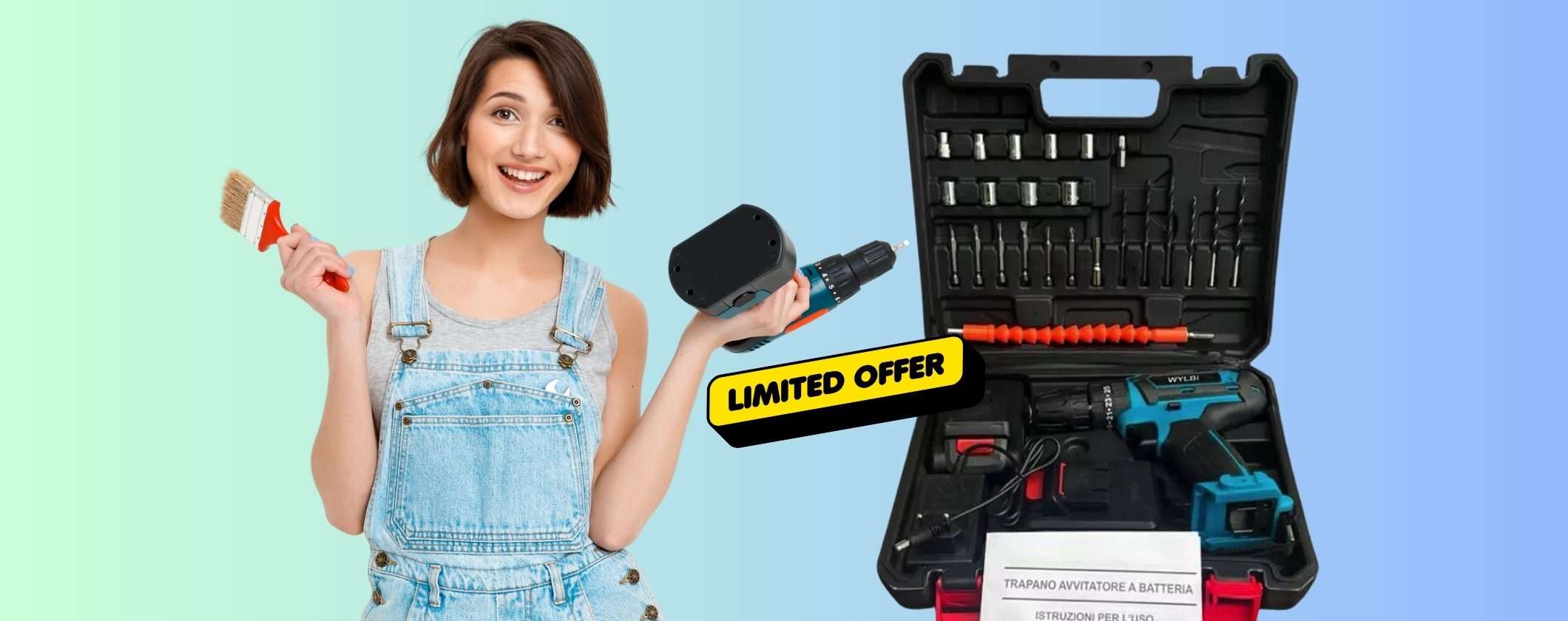 Trapano avvitatore a batteria con percussione, valigetta e accessori a 32€
