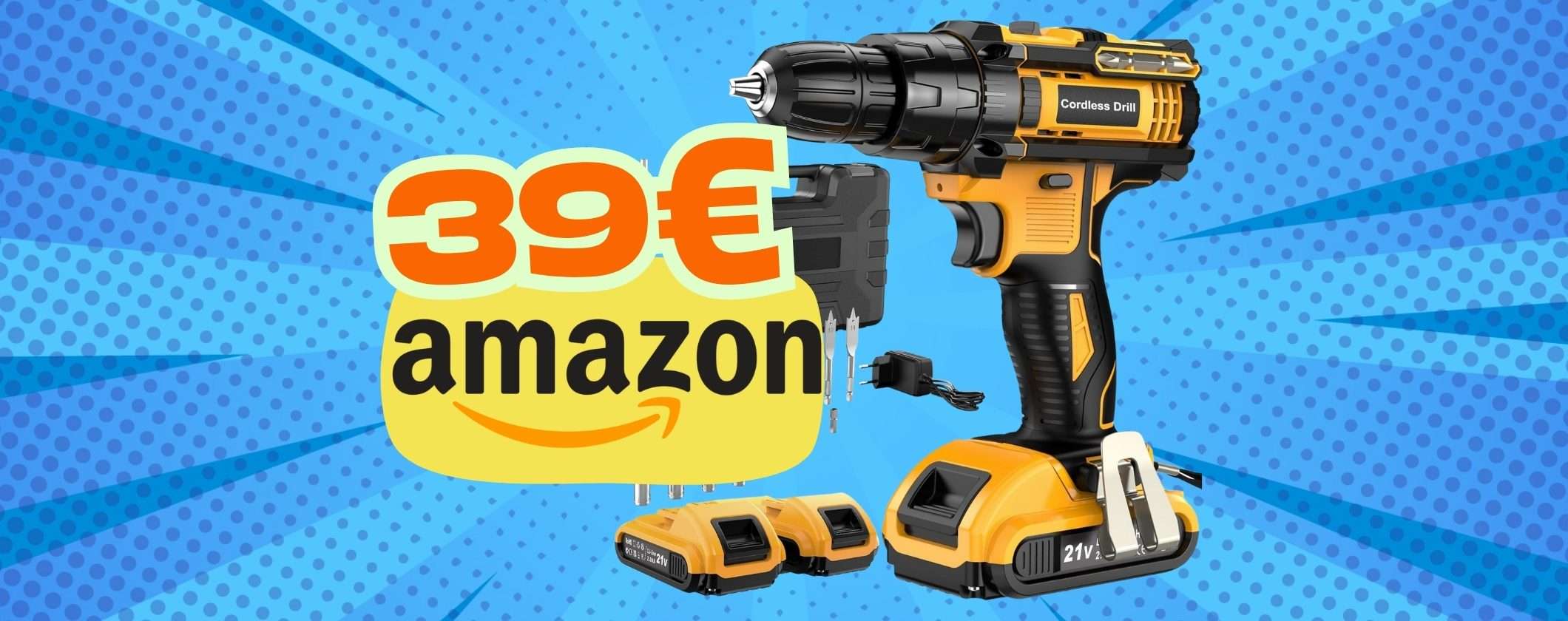 Trapano avvitatore a batteria con valigetta e accessori inclusi con appena 39€