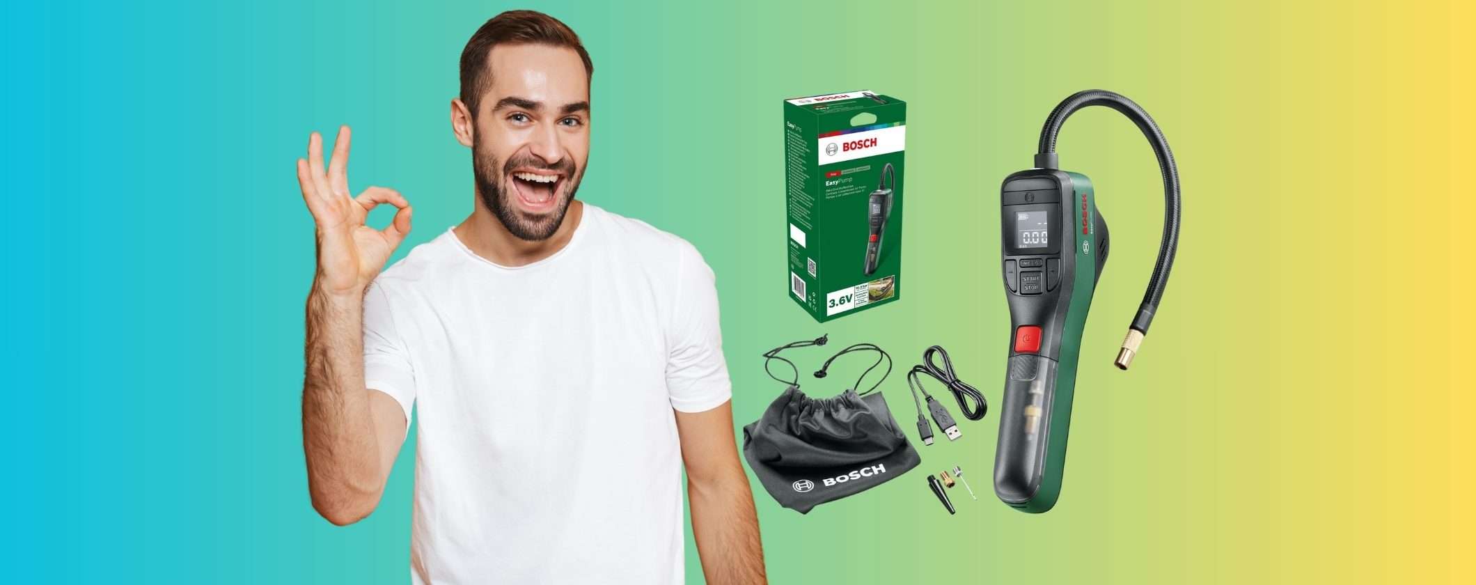 Bosch: mini compressore portatile potentissimo con display LED e accessori oggi in sconto