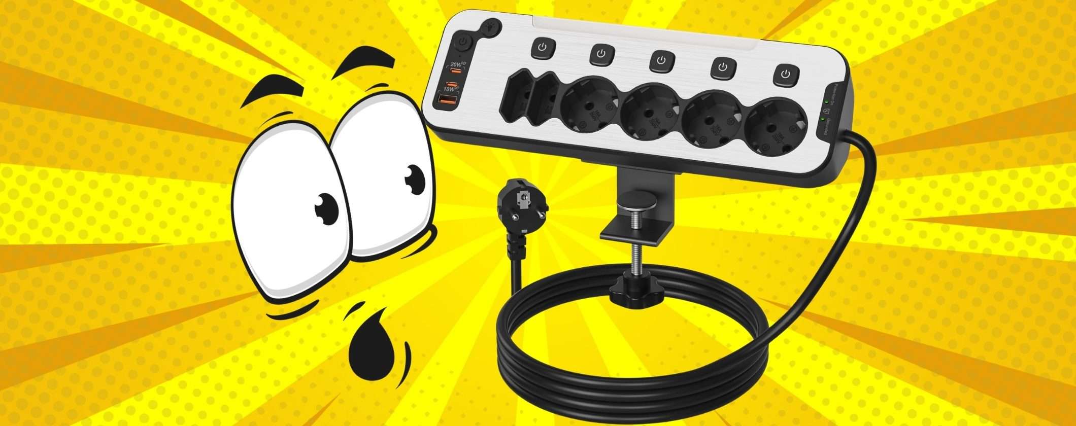 Ciabatta con aggancio per scrivania, 6 prese e 3 USB con interruttori (30€)