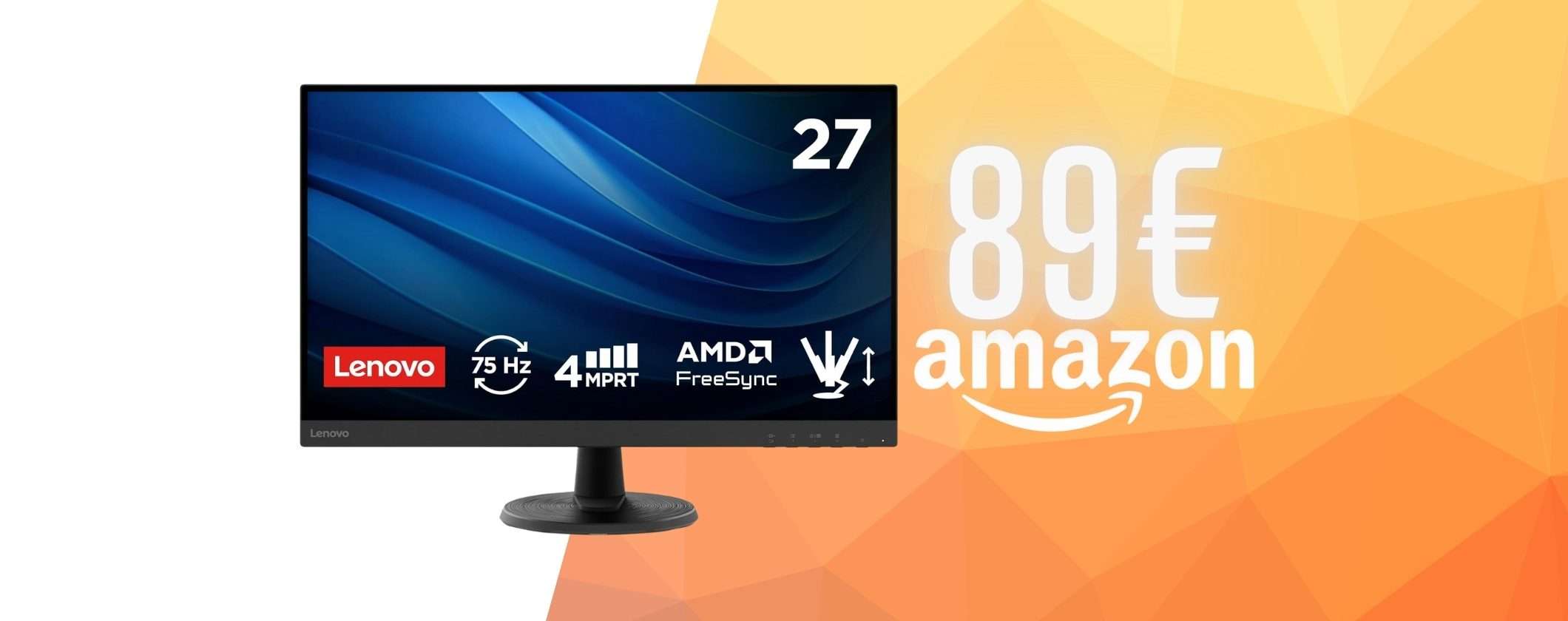 Monitor Lenovo da 27 pollici FHD: film, giochi e lavoro senza fatica (89€)