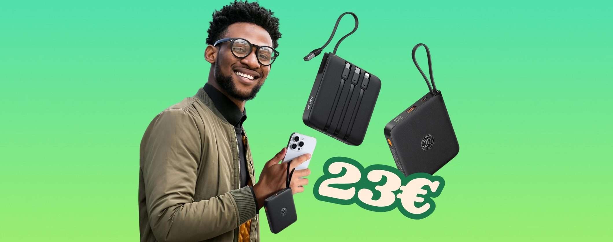 Power Bank VRURC da 20000mAh con 4 cavi integrati: spettacolare ed economico