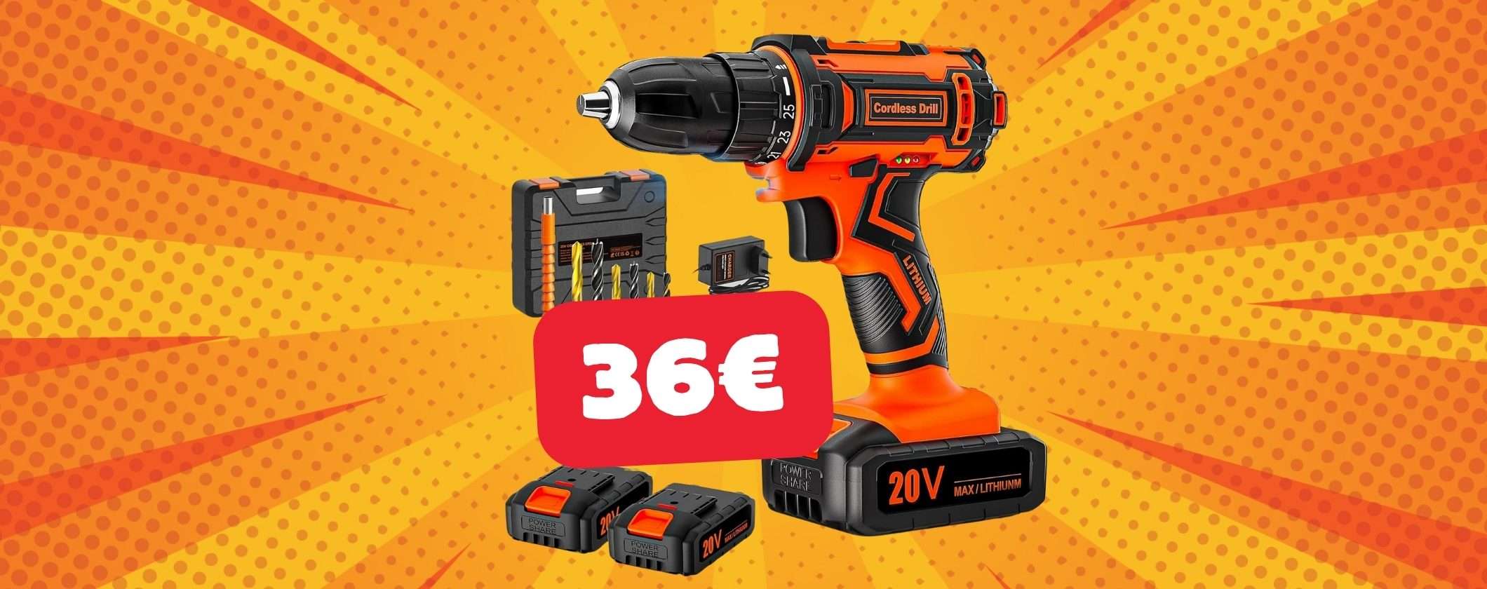 Prezzo shock per questo trapano avvitatore con 2 batterie e valigetta accessoriata (36€)
