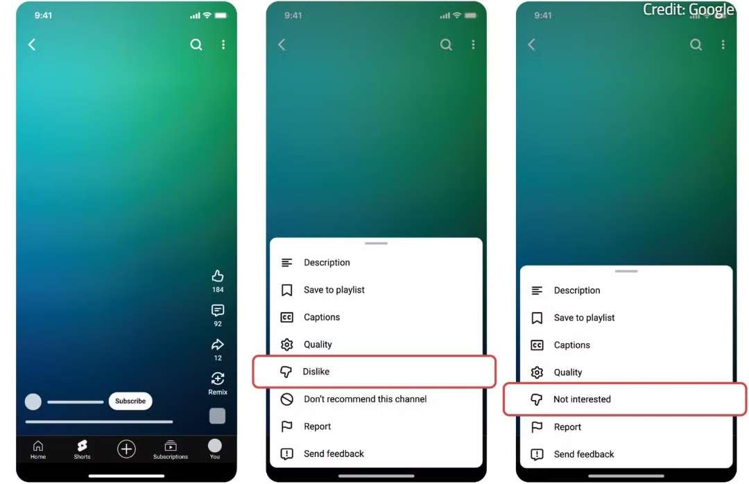 Youtube Short Non mi piace Non mi interessa