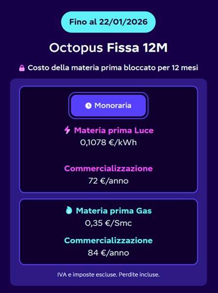 octopus fissa 12 mesi tariffe fino al 22 gennaio 2026