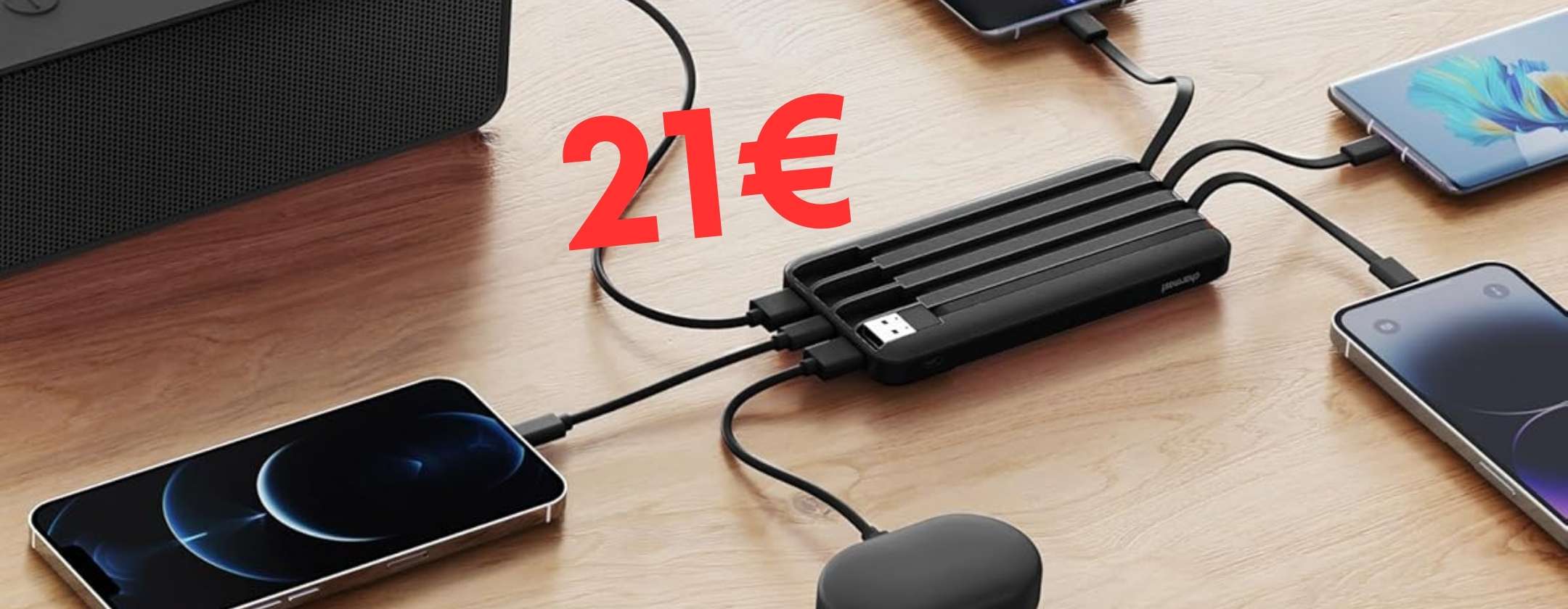 Power Bank da 45W e 20000mAh con cavo integrato e 2 uscite, solo oggi a 14