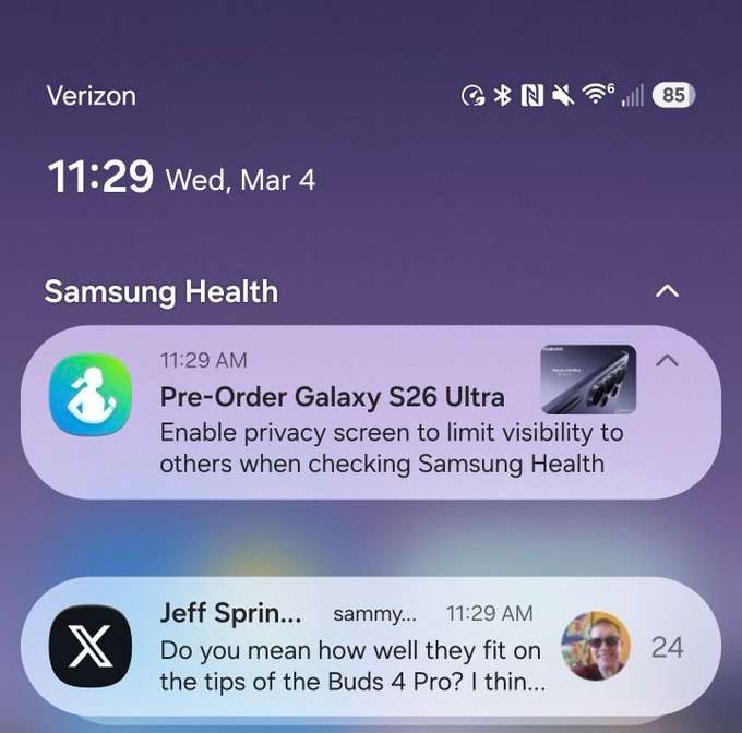 Samsung Galaxy S26 Ultra notifica