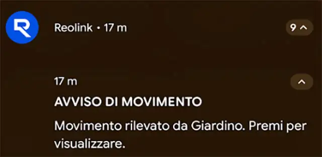 Le notifiche mostrate dall'app di Reolink