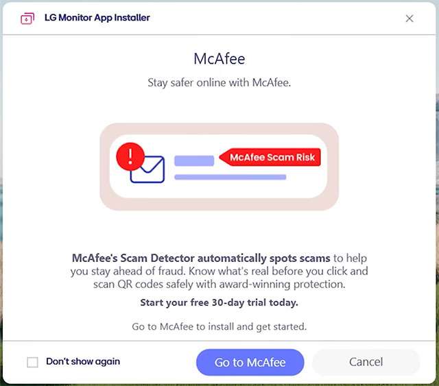 La pubblicità di McAfee mostrata dal software di LG