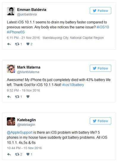 Alcuni dei tweet che segnalano il problema con iOS 10.1.1