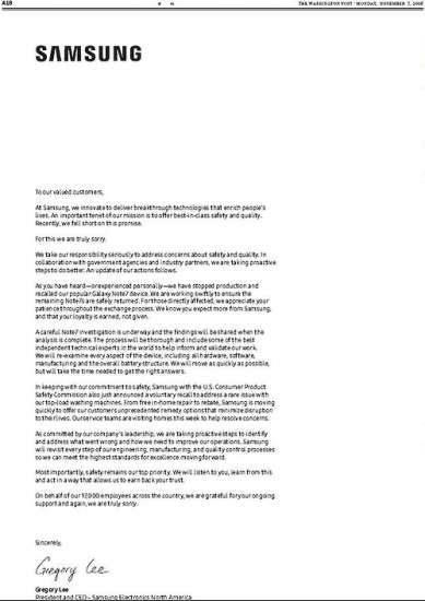 La lettera di Samsung così come è apparsa sui giornali