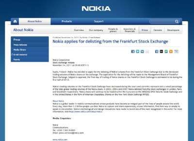 La nota di Nokia sulla uscita dalla Borsa di Francoforte