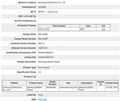 Certificazione Bluetooth per il Galaxy A3 2017