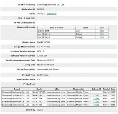 Certificazione SIG per il Galaxy A7 (2016)