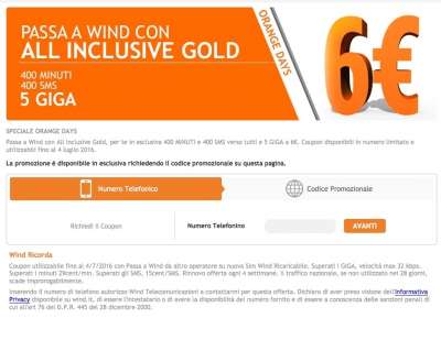 La pagina per richiedere il Coupon