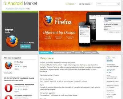 La pagina di Firefox sul Market