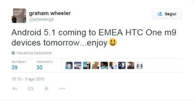 Il tweet di Graham Wheeler, direttore di prodotti e servizi di HTC