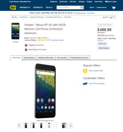 Huawei Nexus 6P in vendita su BestBuy