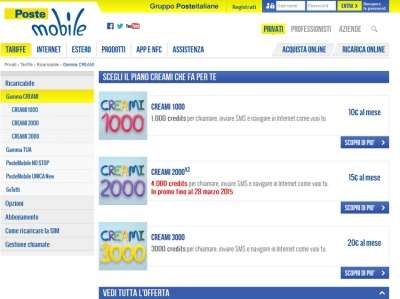 I piani Creami attualmente presenti sul sito PosteMobile