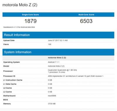 Il Moto Z2 su Geekbench