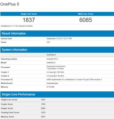 Il OnePlus 5 su Geekbench