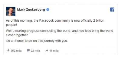 Il post di Zuckerberg