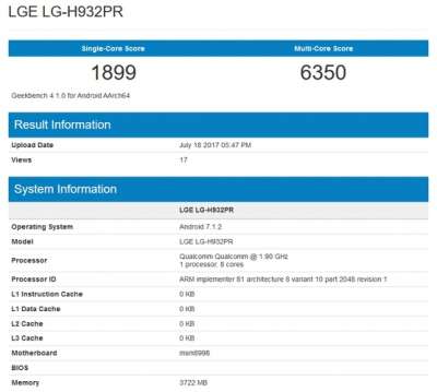Il presunto LG V30 su Geekbench