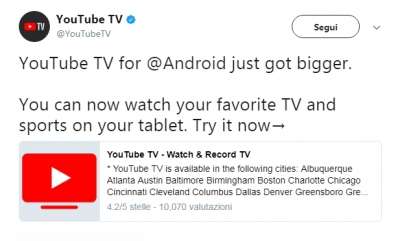 Il tweet di YouTube TV