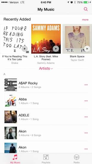 iOS 8.4, app Musica (schermata 1)