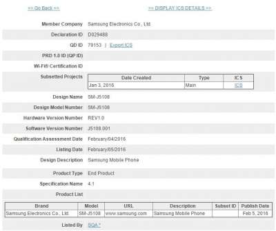 La certificazione Bluetooth SIG del Galaxy J5