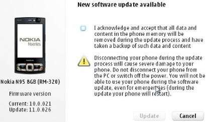 Nokia N95 8GB, aggiornamento software
