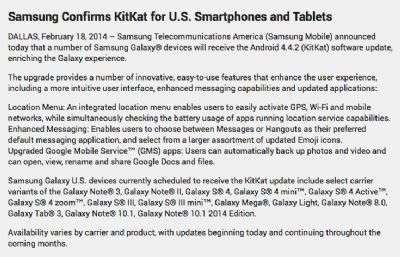Il comunicato ufficiale di Samsung USA