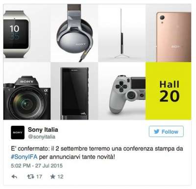 Il tweet di Sony Italia