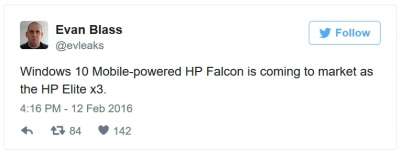 Tweet di Evan Blass sull'HP Elite x3