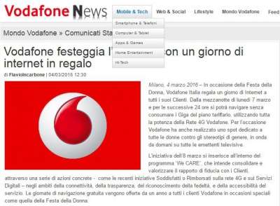 Annuncio dell'iniziativa sul sito web Vodafone
