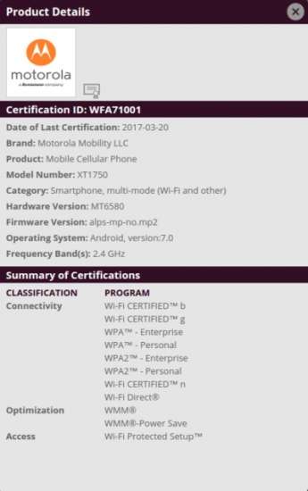 Il documento relativo al Moto XT1750