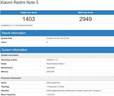 Xiaomi Redmi Note 5 su Geekbench