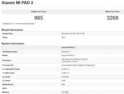 Xiaomi Mi Pad 2 su Geekbanch